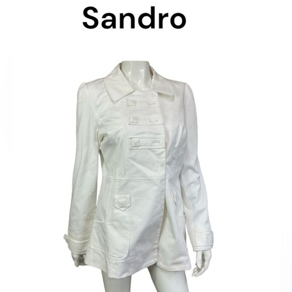Sandro Woman Y2K Collared Long Sleeve Double Breasted Cotton Jacket White Medium - Picture 1 of 9